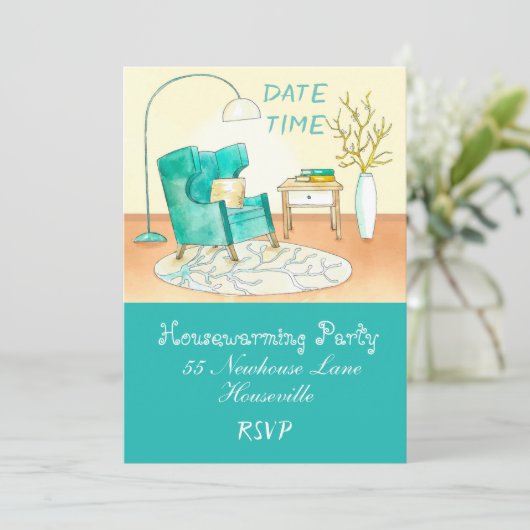かわいい居間のイラストレーションの引っ越し祝いパーティーのパーティー 招待状 (スタンド正面)