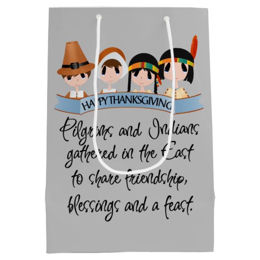 かわいい巡礼者とインディアン感謝祭パーティー ミディアムペーパーバッグ (裏面)