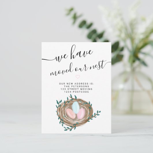 かわいい巣の水の色の卵の新しい家の移動 案内ポストカード (スタンド正面)