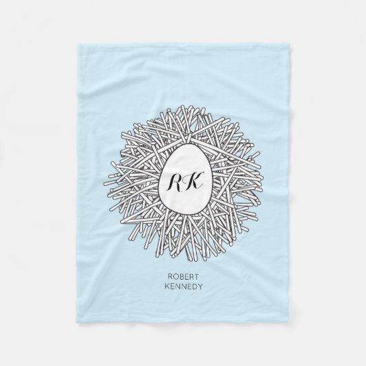 かわいい巣&卵パーソナライズされたイニシャル&ネームブルー フリースブランケット (正面)