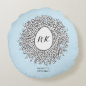 かわいい巣&卵パーソナライズされたイニシャル&ネームブルー ラウンドクッション (裏面)