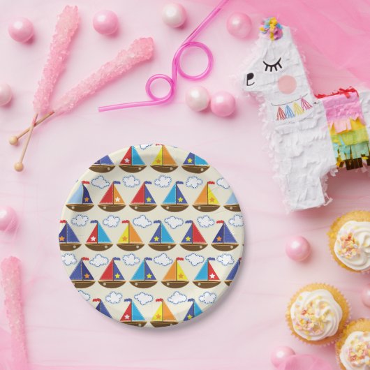 かわいい帆船の模様 ペーパープレート (パーティー)