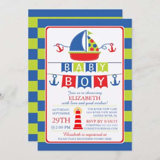 かわいい帆船航海の男の子ベイビーシャワー招待状 招待状 (正面/裏面)