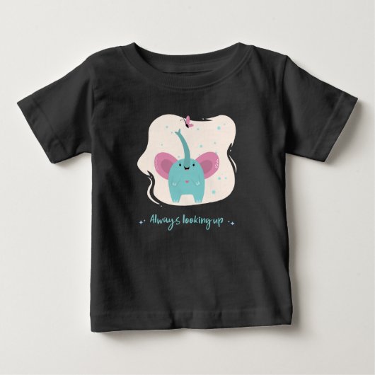 かわいい常に上を見上げるテキストの象 ベビーTシャツ (正面)