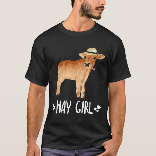 かわいい干し草の女の子 牛のセリフ 農場の動物テーマ 女性向け Tシャツ (正面)