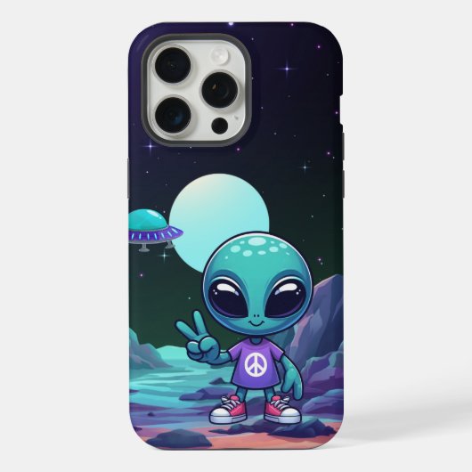 かわいい平和の宇宙人と宇宙船 iPhoneケース (裏面)