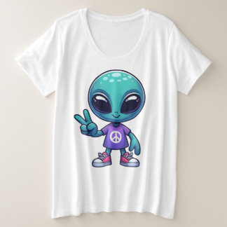 かわいい平和エイリアンと宇宙船 プラスサイズTシャツ