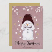 かわいい平和的雪だるまピンククリスマスホリデー シーズンカード (正面/裏面)