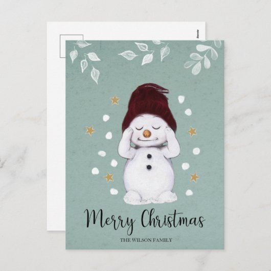 かわいい平和雪だるまウィンターブルークリスマス シーズンポストカード (正面/裏面)