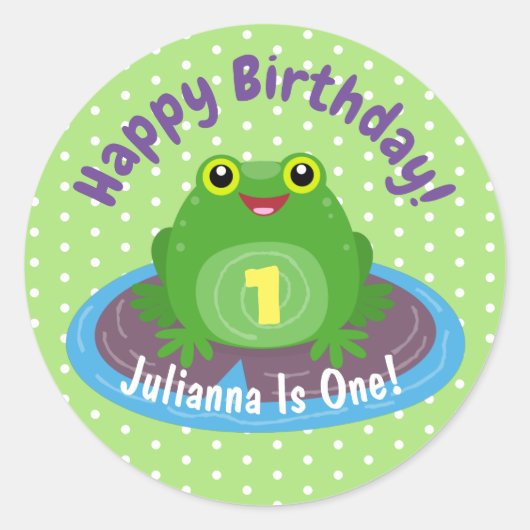 かわいい幸せかわいいグリーンカエル漫画イラストレーション ラウンドシール (正面)