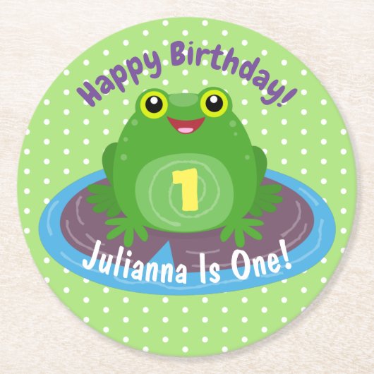 かわいい幸せかわいいグリーンカエル漫画イラストレーション ラウンドペーパーコースター (正面)