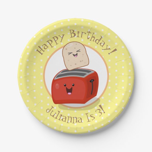 かわいい幸せかわいいトースター漫画イラストレーション ペーパープレート (正面)