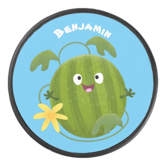 かわいい幸せそうなスイカの漫画 アイスホッケーパック (正面)