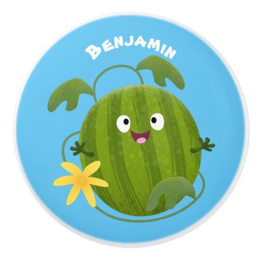 かわいい幸せそうなスイカの漫画 セラミックノブ (正面)