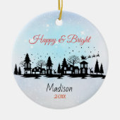 かわいい幸せで明るいサンタそりのクリスマス セラミックオーナメント (正面)