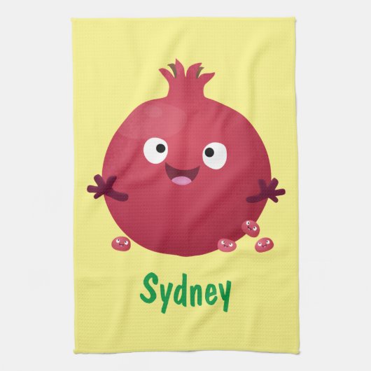 かわいい幸せなザクロのフルーツマンガ キッチンタオル (縦)