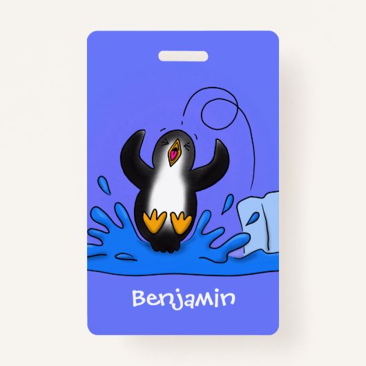 かわいい幸せなジャンピングペンギンのイラスト バッジ (正面)