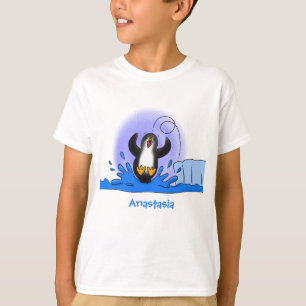 かわいい幸せなジャンピングペンギンのイラスト Tシャツ