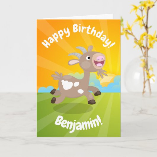 かわいい幸せなビリーのヤギの漫画の誕生日 カード (黄色い花)
