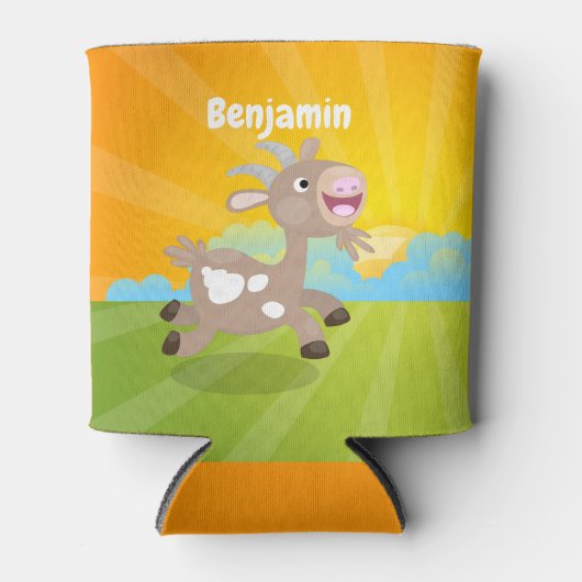 かわいい幸せなビリーヤギの漫画 缶クーラー (正面)