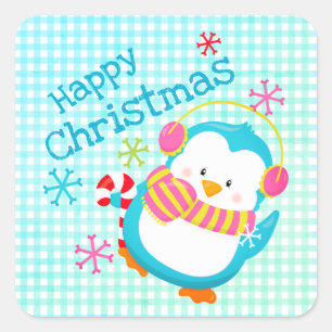 かわいい幸せなペンギンのカラフルなモダンなクリスマスのF スクエアシール
