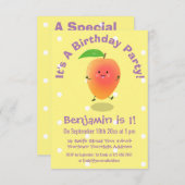 かわいい幸せなマンゴー黄色の漫画の誕生日 招待状 (正面/裏面)