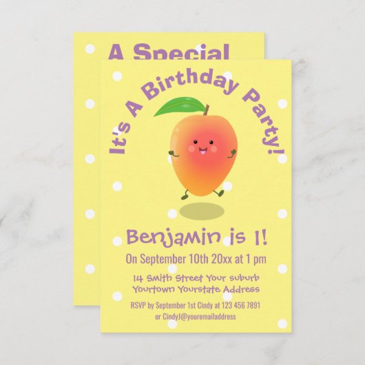 かわいい幸せなマンゴー黄色の漫画の誕生日 招待状 (正面/裏面)