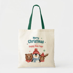 かわいい幸せな動物の水彩クリスマス トートバッグ