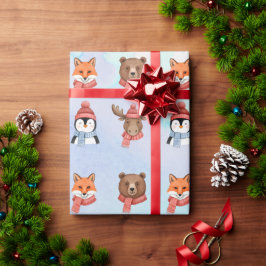 かわいい幸せな動物の青い水彩クリスマス ラッピングペーパー