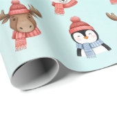 かわいい幸せな動物の青い水彩クリスマス ラッピングペーパー (ロールコーナー)