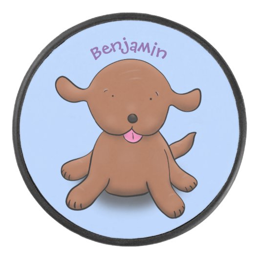 かわいい幸せな子犬の青い漫画イラストレーション アイスホッケーパック (正面)