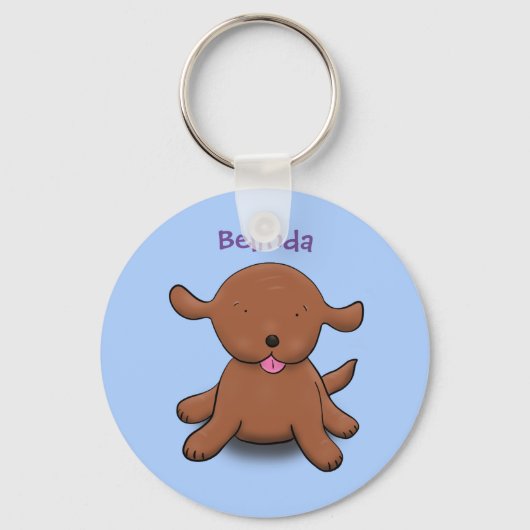 かわいい幸せな子犬の青い漫画イラストレーション キーホルダー (正面)