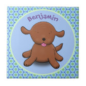 かわいい幸せな子犬の青い漫画イラストレーション タイル (正面)