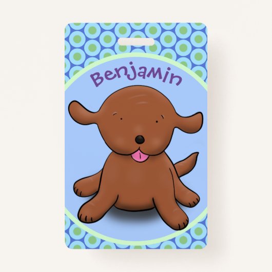 かわいい幸せな子犬の青い漫画イラストレーション バッジ (正面)