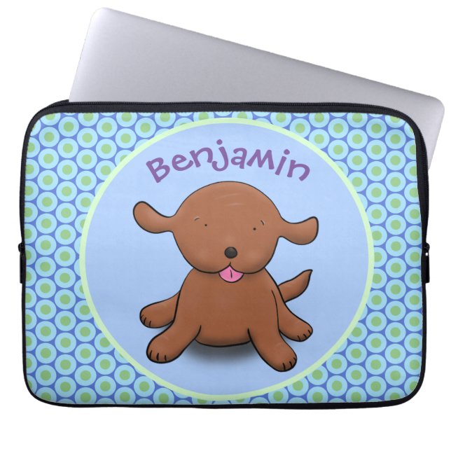 かわいい幸せな子犬の青い漫画イラストレーション ラップトップスリーブ (正面)