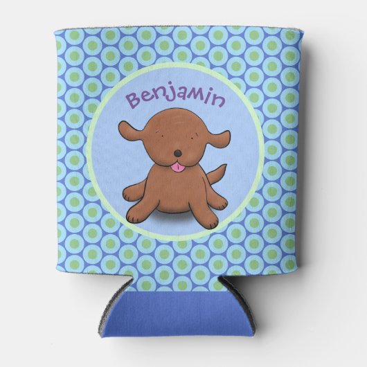 かわいい幸せな子犬の青い漫画イラストレーション 缶クーラー (正面)