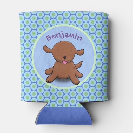 かわいい幸せな子犬の青い漫画イラストレーション 缶クーラー (裏面)