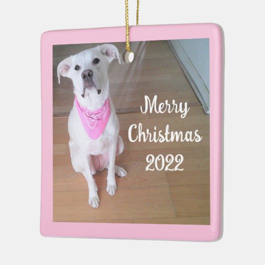 かわいい幸せな子犬ピンクのスカーフの正方形の赤を着て セラミックオーナメント (左)
