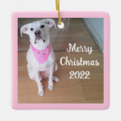 かわいい幸せな子犬ピンクのスカーフの正方形の赤を着て セラミックオーナメント (正面)
