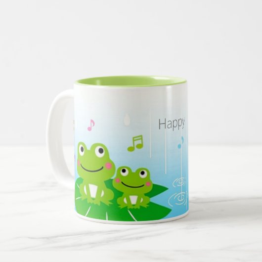 かわいい幸せな小さなカエル ツートーンマグカップ (正面左)
