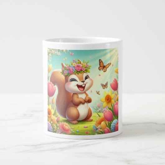 かわいい幸せな春リス ジャンボコーヒーマグカップ (正面)