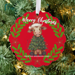 かわいい幸せな牛のクリスマスツリーの子牛のオスのXmasパターン オーナメントカード