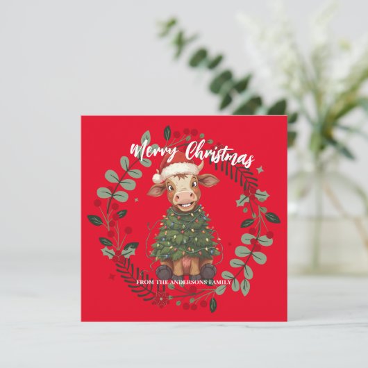 かわいい幸せな牛のクリスマスツリー子牛オックスXmasパターン シーズンカード (スタンド正面)