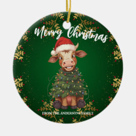 かわいい幸せな牛のクリスマスツリー 子牛 牛 Xmas パターン セラミックオーナメント