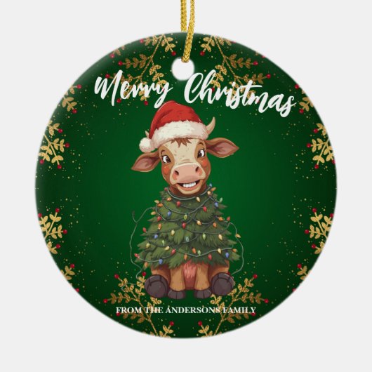 かわいい幸せな牛のクリスマスツリー 子牛 牛 Xmas パターン セラミックオーナメント (正面)