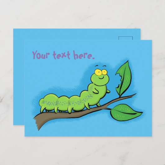 かわいい幸せな空腹の緑の毛虫の漫画 ポストカード (正面/裏面)