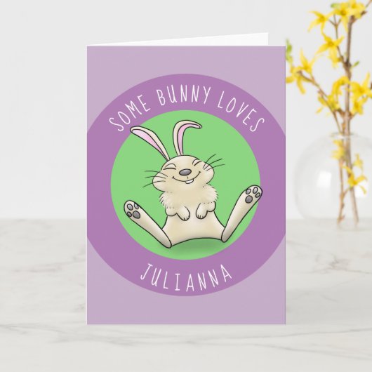 かわいい幸せな笑顔のバニー紫のウサギの漫画 カード (黄色い花)