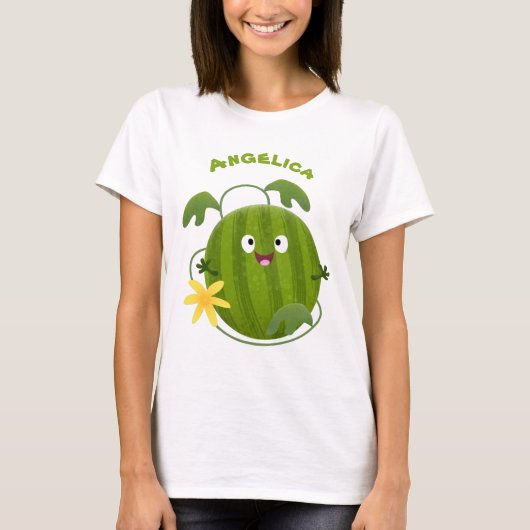 かわいい幸せな笑顔のワ watermelon の漫画 tシャツ (正面)