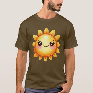かわいい幸せな笑顔の水色ひまわり太陽 Tシャツ