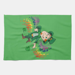 かわいい幸せな笑顔の踊りレプレシャン、虹 キッチンタオル